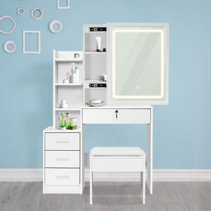 EKKIO Dressing Table White LED Mirror + Stool