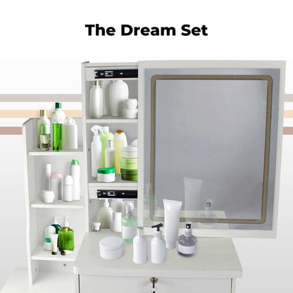 EKKIO Dressing Table White LED Mirror + Stool