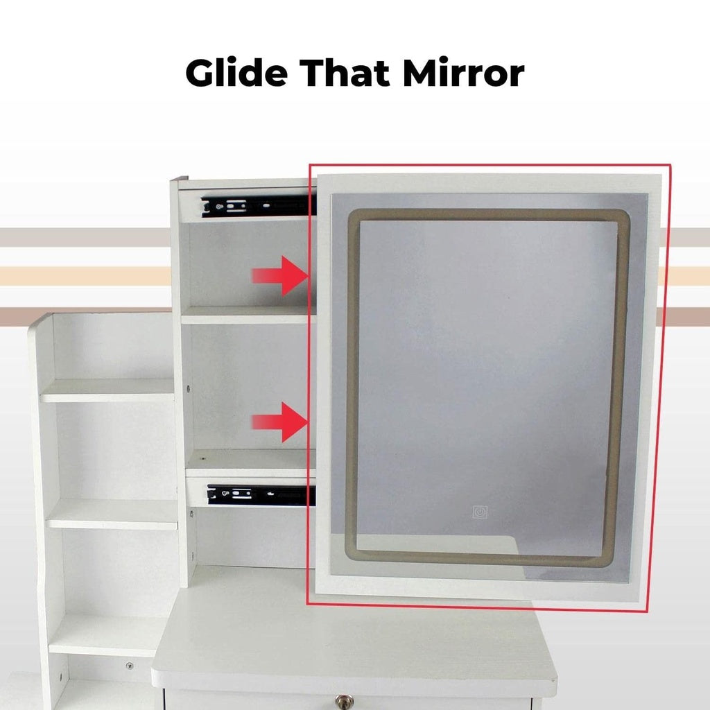 EKKIO Dressing Table White LED Mirror + Stool