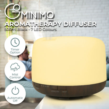 GOMINIMO 5 in1 LED Aromatherapy Essential Oil Diffuser 500ml (Dark Wood Base)