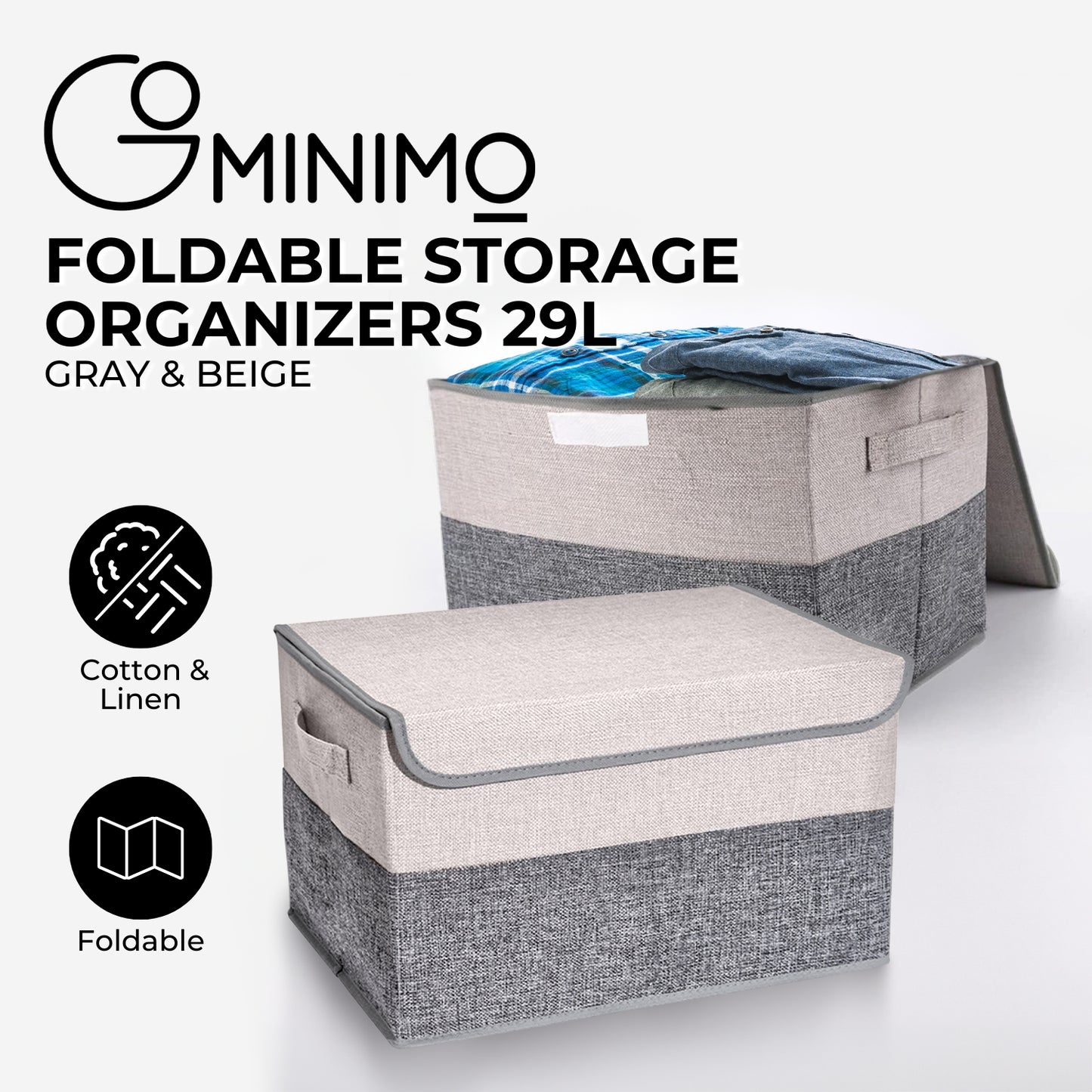 GOMINIMO 2 Pack 29L Foldable Storage Organizers (Gray + Beige)