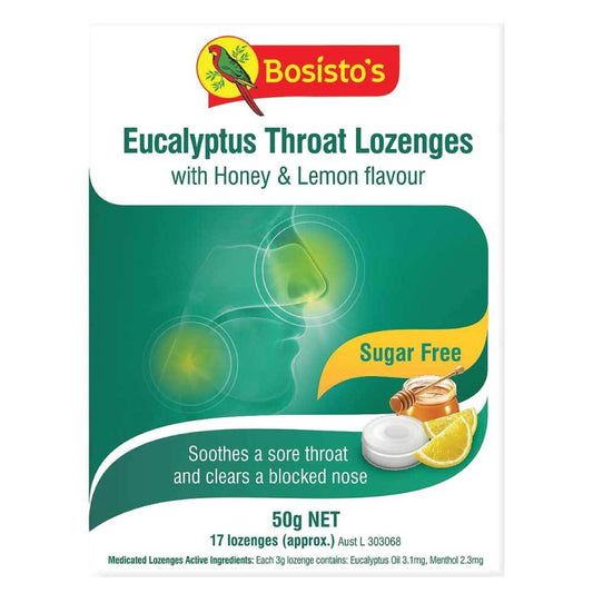 50g Eucalyptus Drops Bosisto's Sugar Free Throat Honey Lemon Soothing Lozenges