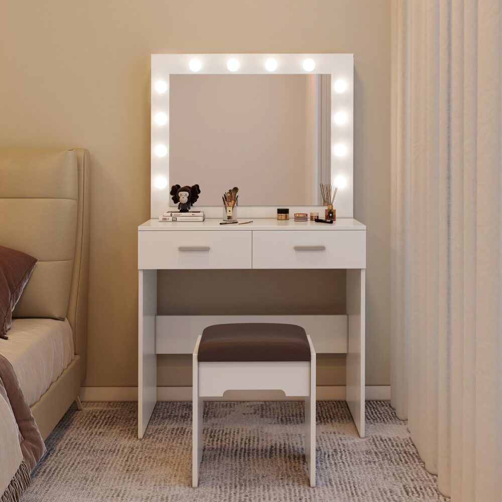 Fidel Vanity Set with Cushioned Stool and Lighted Mirror- White