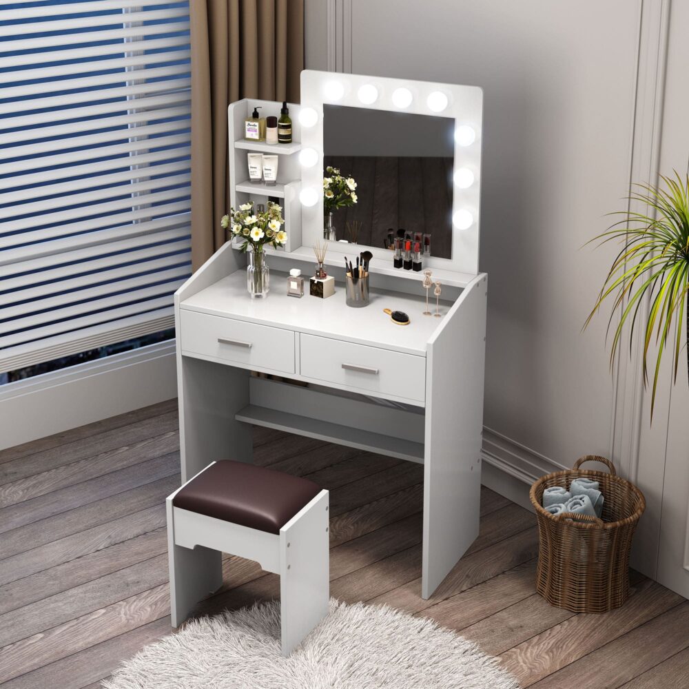 Diana Vanity Set with Shelves Cushioned Stool and Lighted Mirror- White