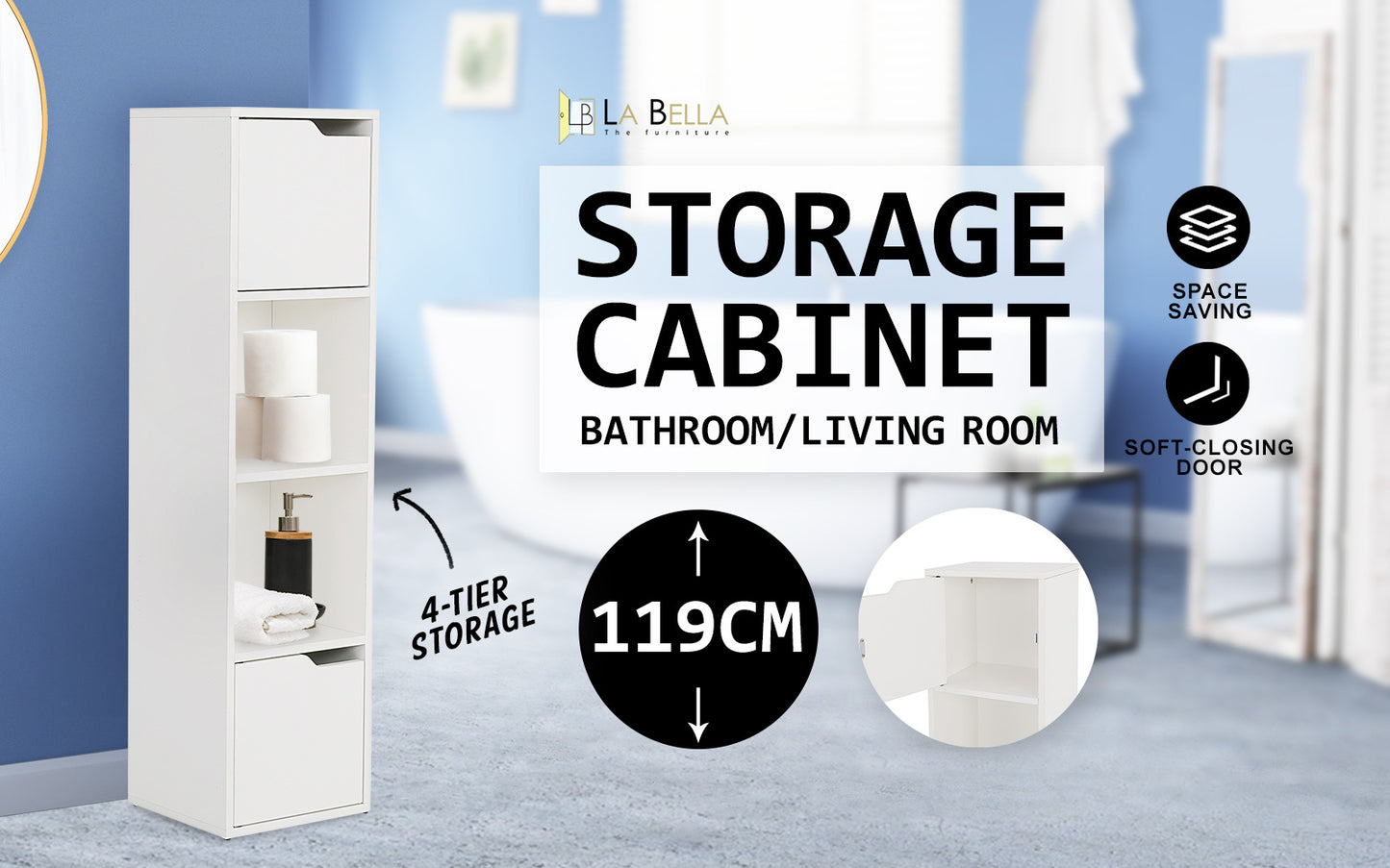 La Bella 119cm White Bathroom Storage Cabinet Tall Slim