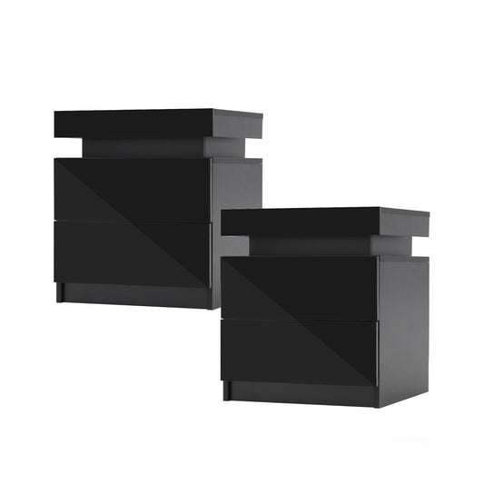 2X Bedside Table 2 Drawers RGB LED Bedroom Cabinet Nightstand Gloss AURORA BLACK