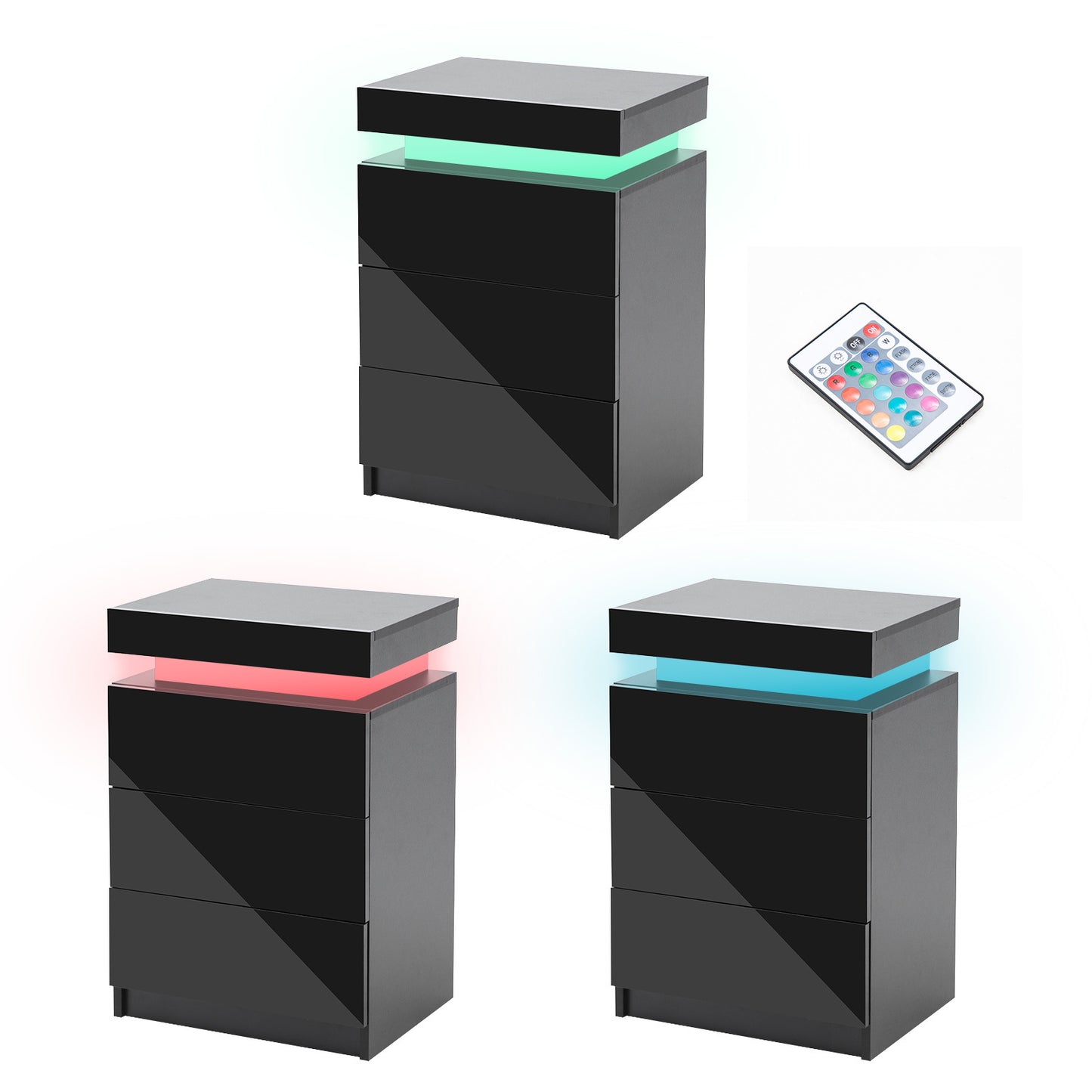 Bedside Table 3 Drawers RGB LED Bedroom Cabinet Nightstand Gloss GLORY BLACK