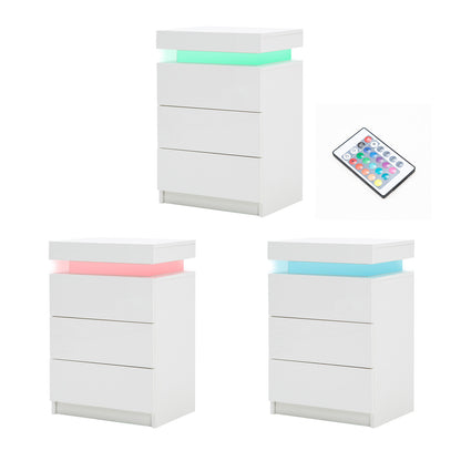 Bedside Table 3 Drawers RGB LED Bedroom Cabinet Nightstand Gloss GLORY WHITE