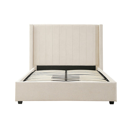 Alexa Queen Size High Rise Headboard Linen Beige Fabric Four MDF Drawers with Wheels Bed Frame