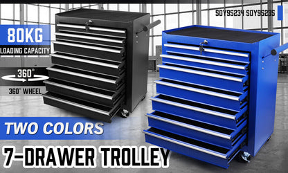 7-Drawer Drawer Tool Box Trolley Cabinet - Blue or Black Heavy Duty Tool Chest Garage Storage Cart Organizer