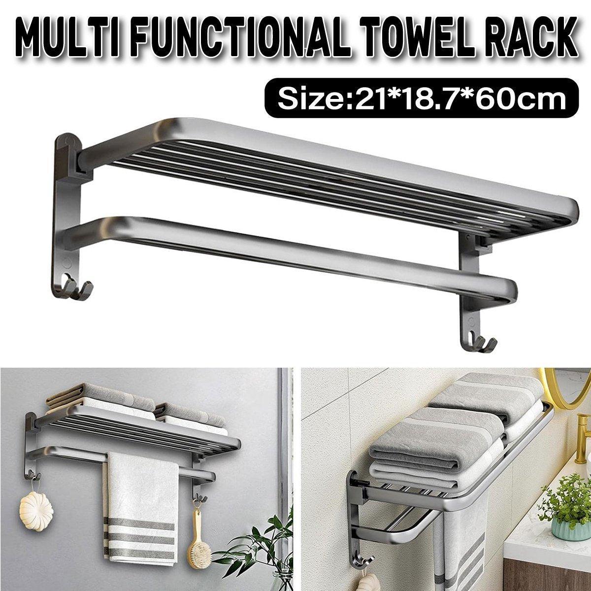 Grey Aluminum Towel Rack Punch-Free Bathroom Storage Towel Holder Home Organizer