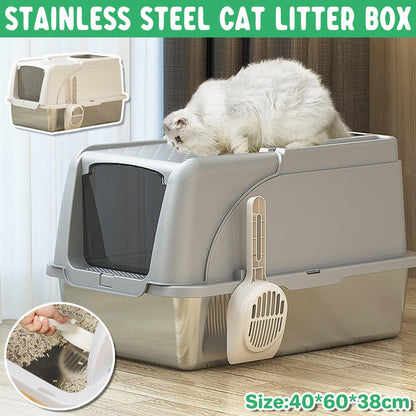 Durable Stainless Steel Cat Litter Box Pan Pet Toilet Odor Control Tray Large - White