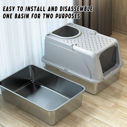 Durable Stainless Steel Cat Litter Box Pan Pet Toilet Odor Control Tray Large - White