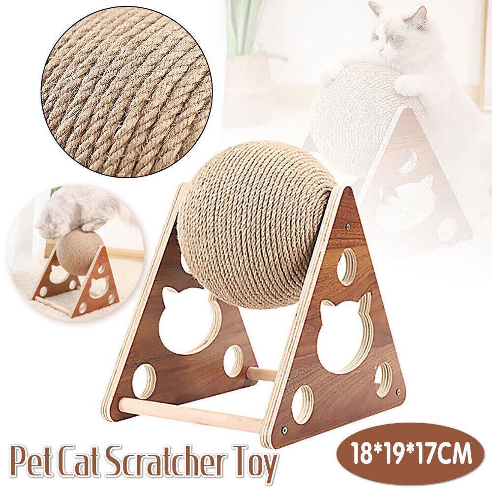 Wooden Cat Scratcher Toy with Rotating Sisal Ball Scratch Post Triangle Frame