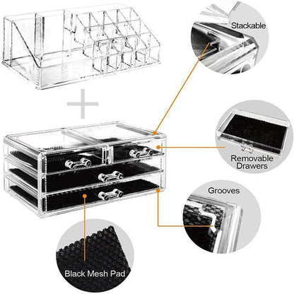 Holder Cosmetic Makeup Organiser 4 Drawer Storage Jewellery Box Clear Acrylic - Without Black Mesh Pad