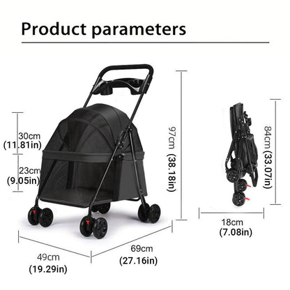 Lightweight Pet Stroller for Cats and Small Dogs Easy Fold Portable Travel Use - Black
