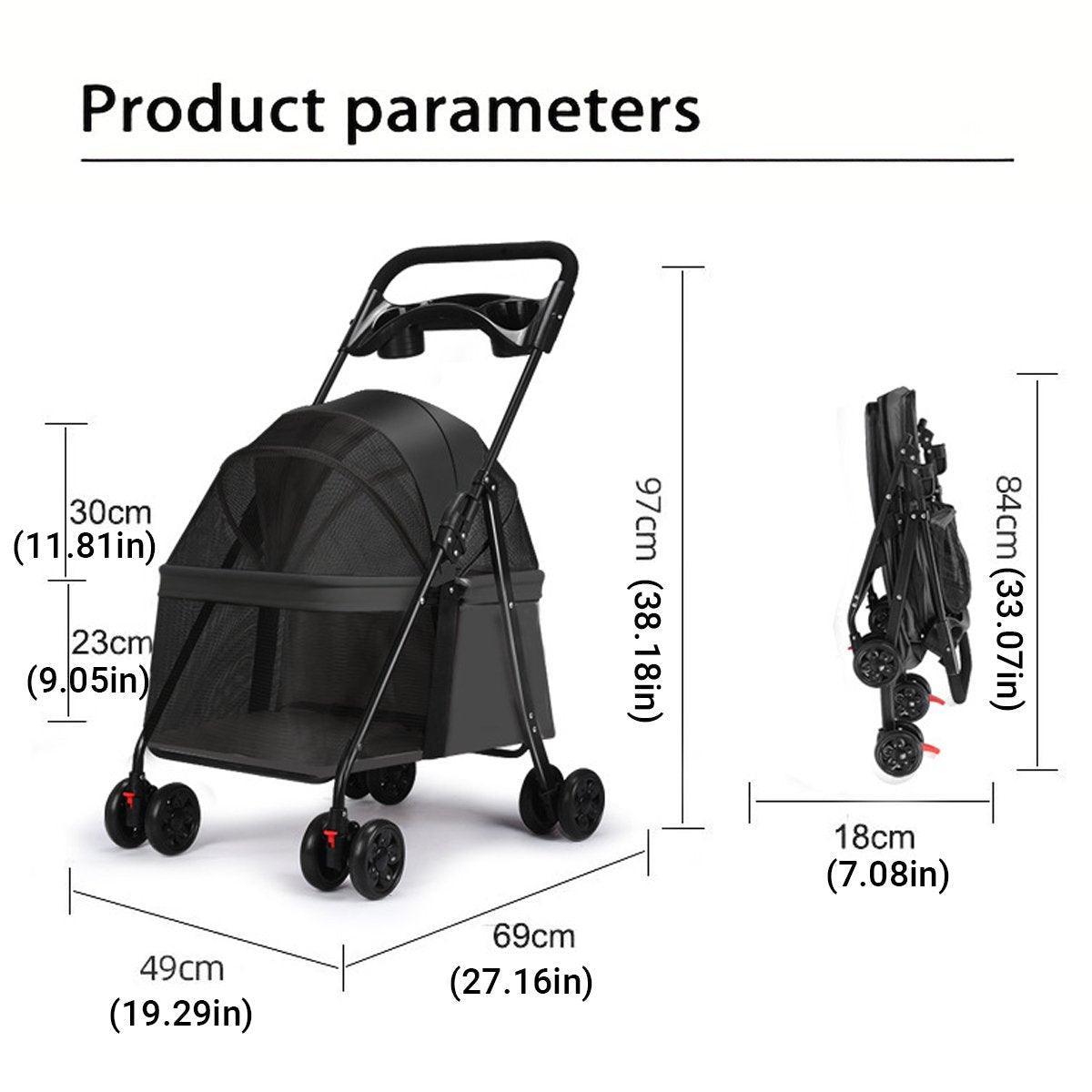 Lightweight Pet Stroller for Cats and Small Dogs Easy Fold Portable Travel Use - Grey