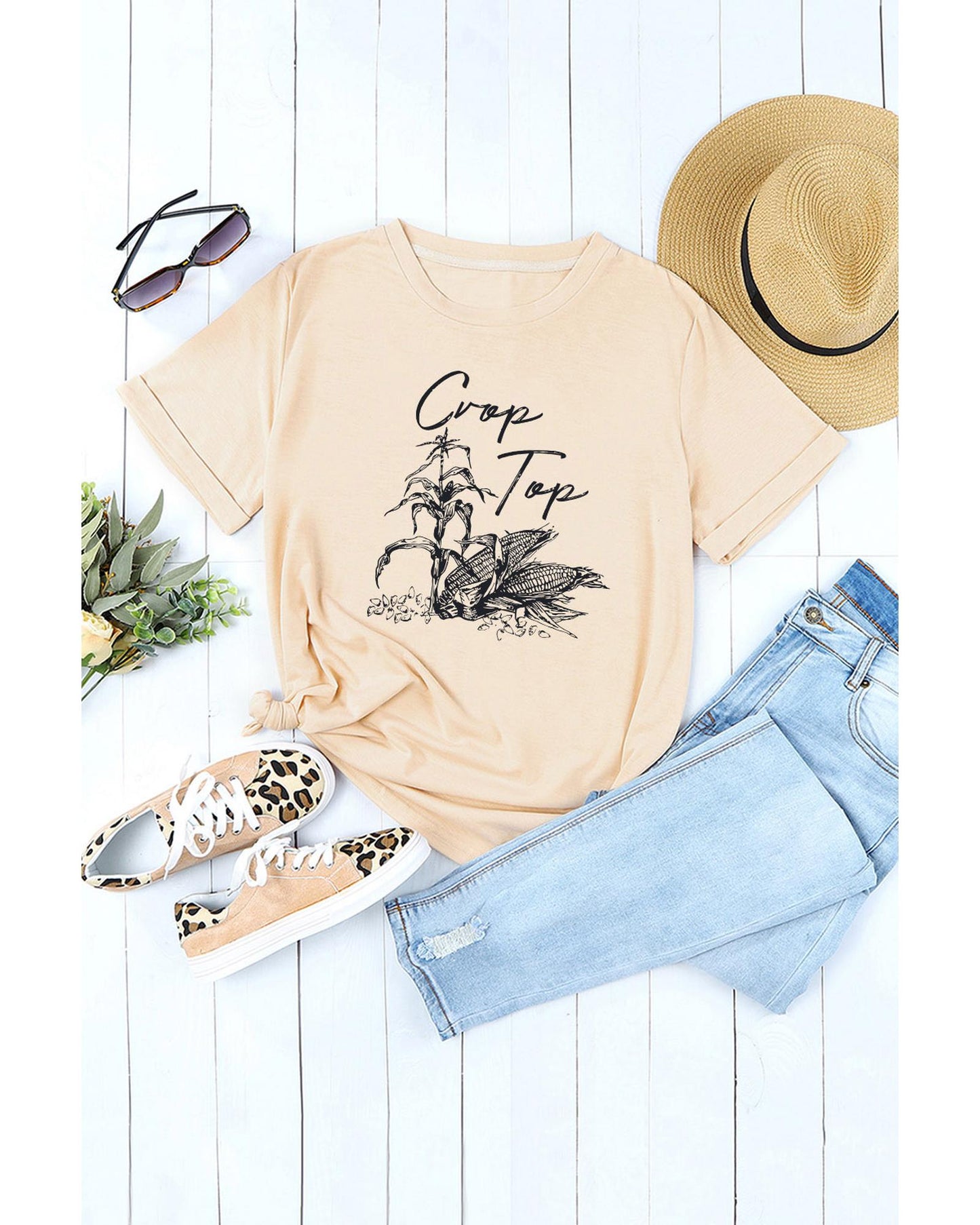 Azura Exchange Graphic Print Crop Top with Khaki Corn Plant Design - 2XL