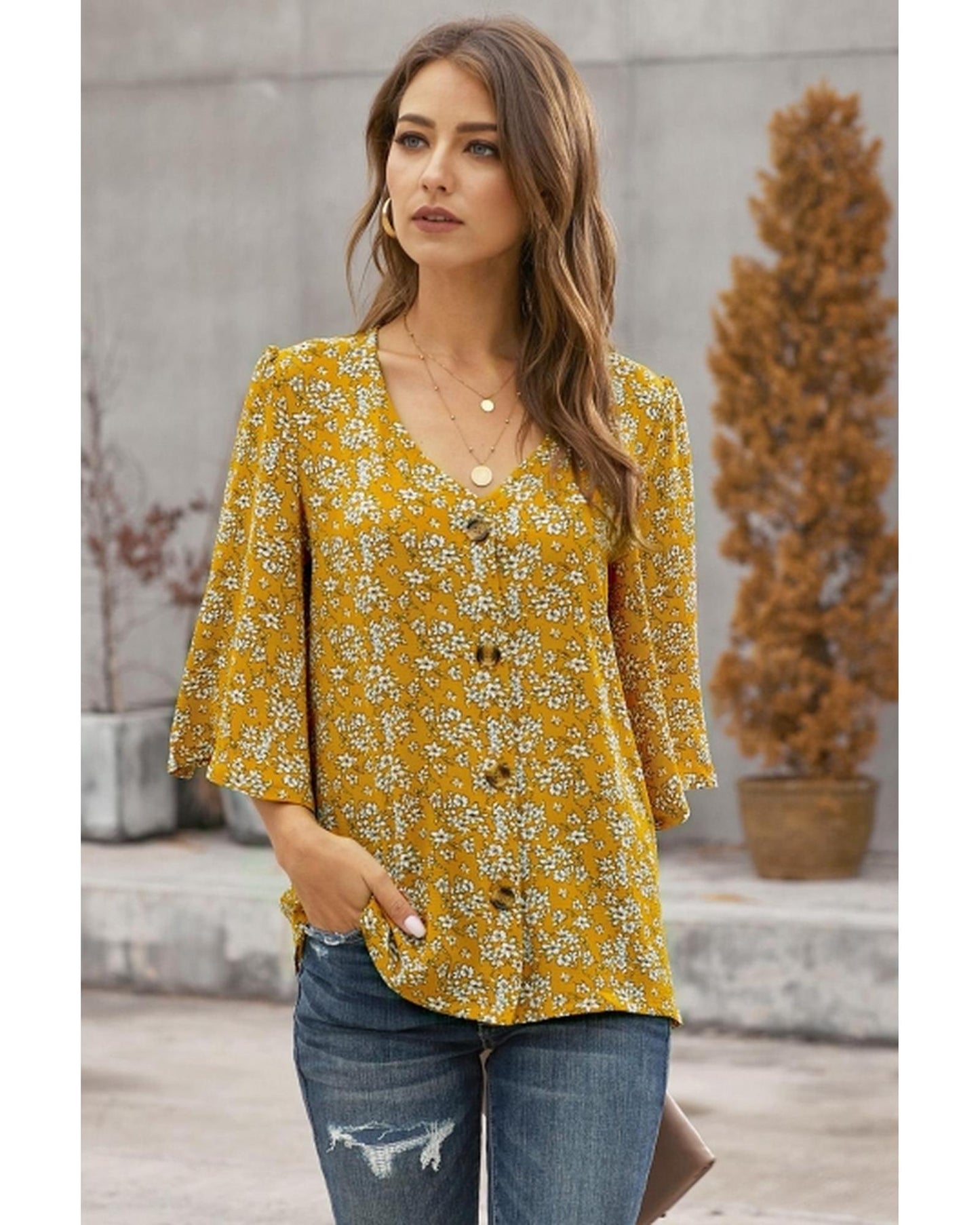 Azura Exchange Sweet Osmanthus Print Button Down Blouse - L