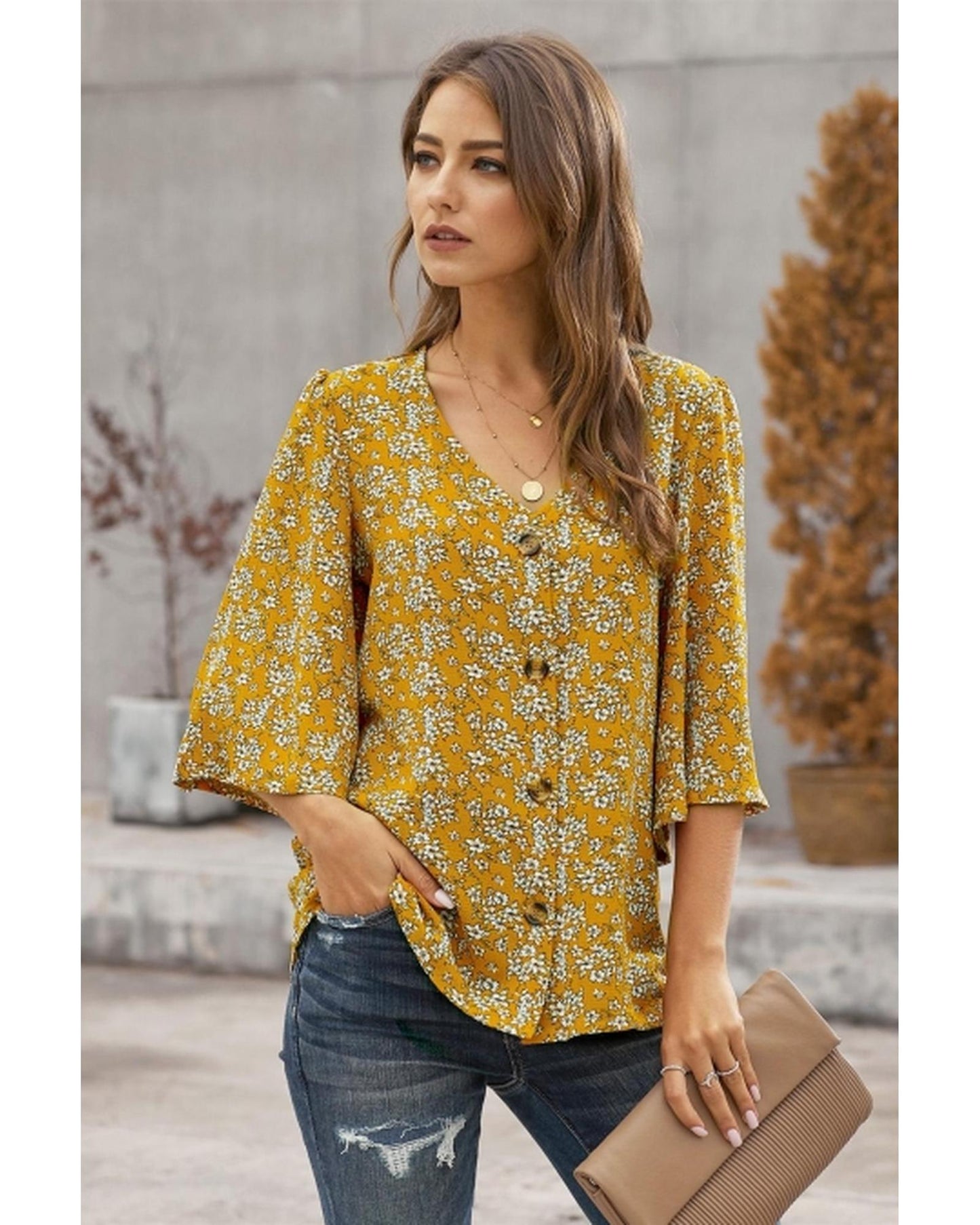 Azura Exchange Sweet Osmanthus Print Button Down Blouse - L