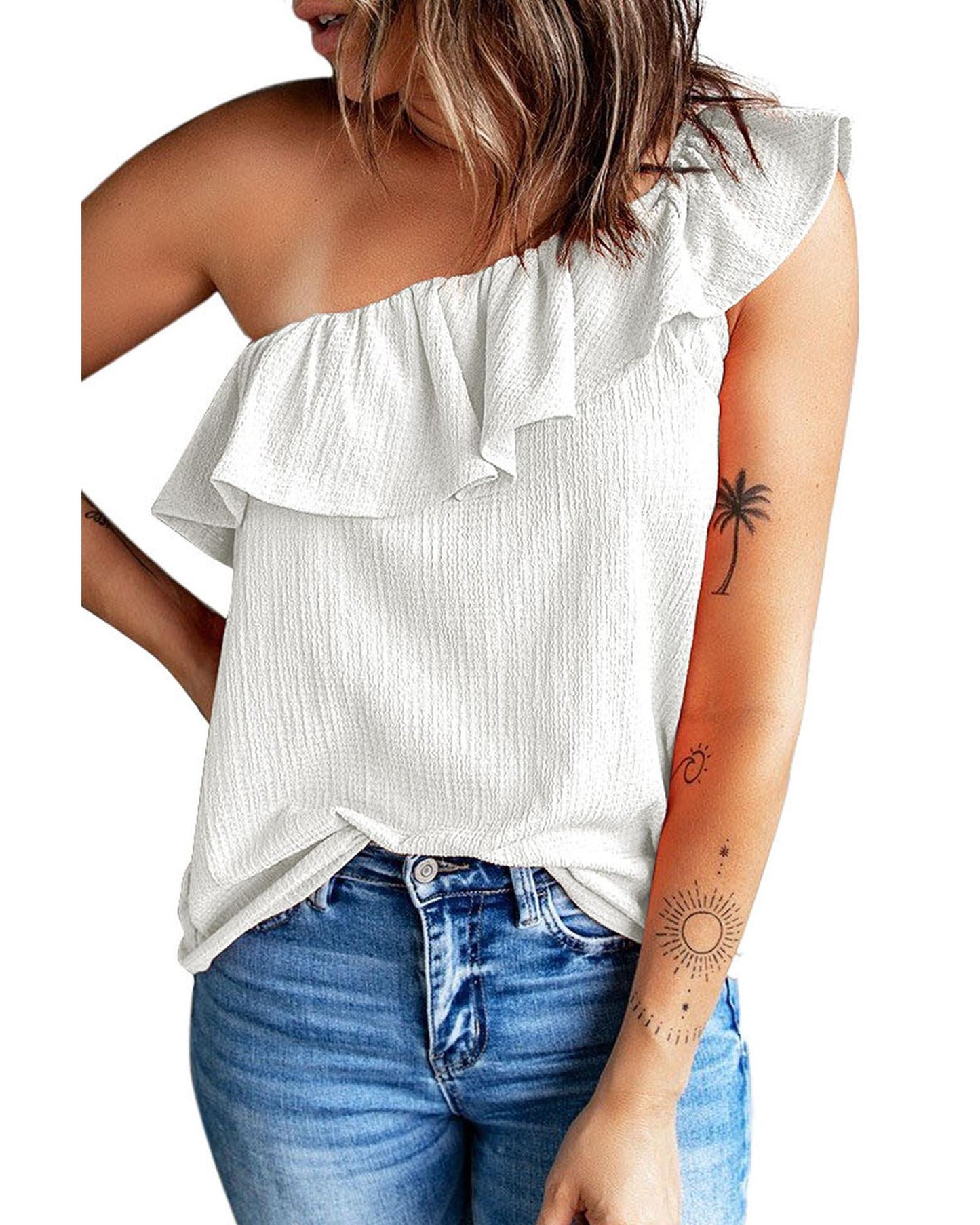 Azura Exchange One Shoulder Crinkle Tank with Ruffle Detail - 2XL