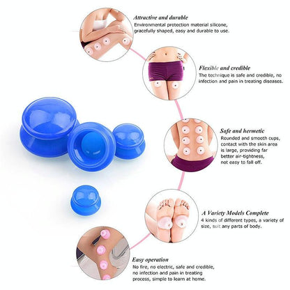 4-Piece Silicone Cupping Therapy Set For Body Massage - Blue