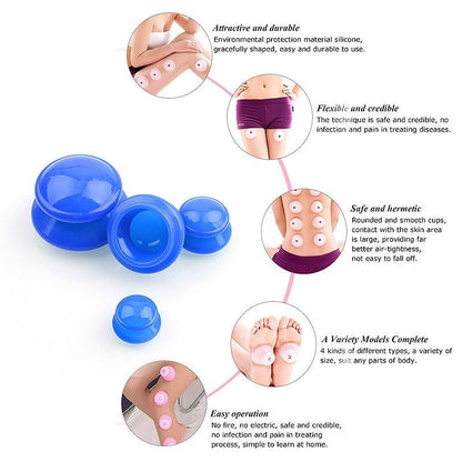 4-Piece Silicone Cupping Therapy Set For Body Massage - Blue