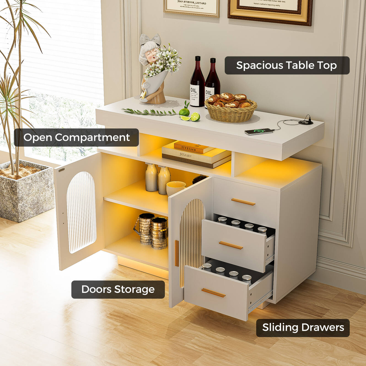 Buffet Sideboard Cabinet With RGB LED Light and Charging Station Console Coffee Bar White