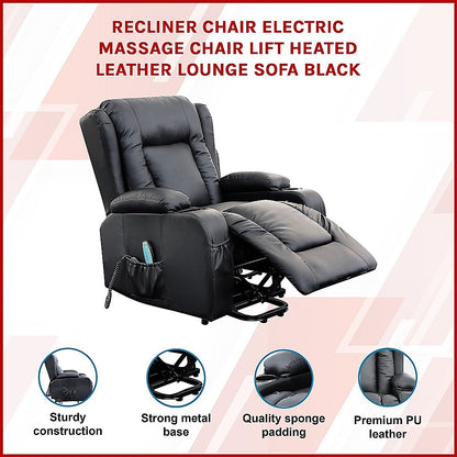 Recliner Chair Electric Massage Chair Lift Heated Leather Lounge Sofa Black