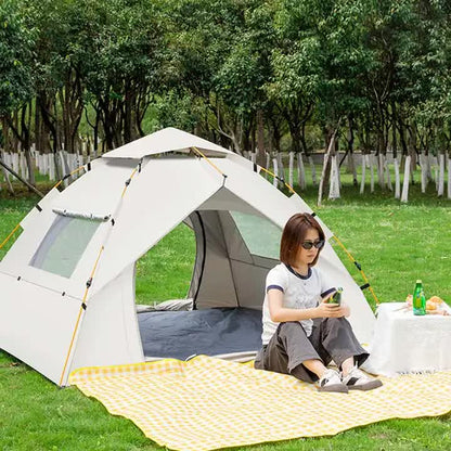 Beige 3-4 Person Lightweight Camping Tent (210*200*135cm) | UV Protection Silver Coated, Dual Doors & Windows
