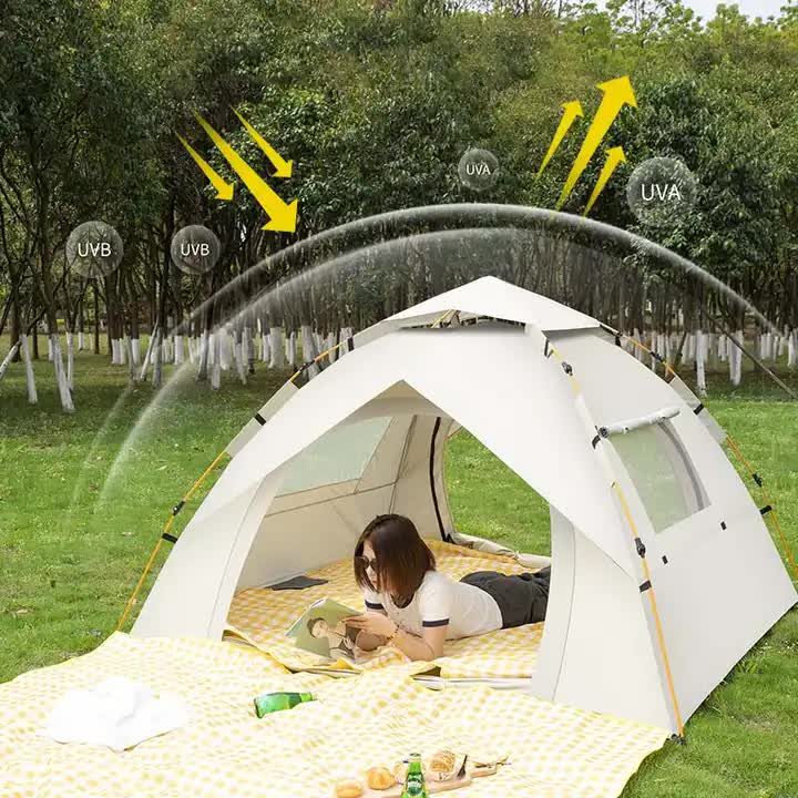 Beige 3-4 Person Lightweight Camping Tent (210*200*135cm) | UV Protection Silver Coated, Dual Doors & Windows