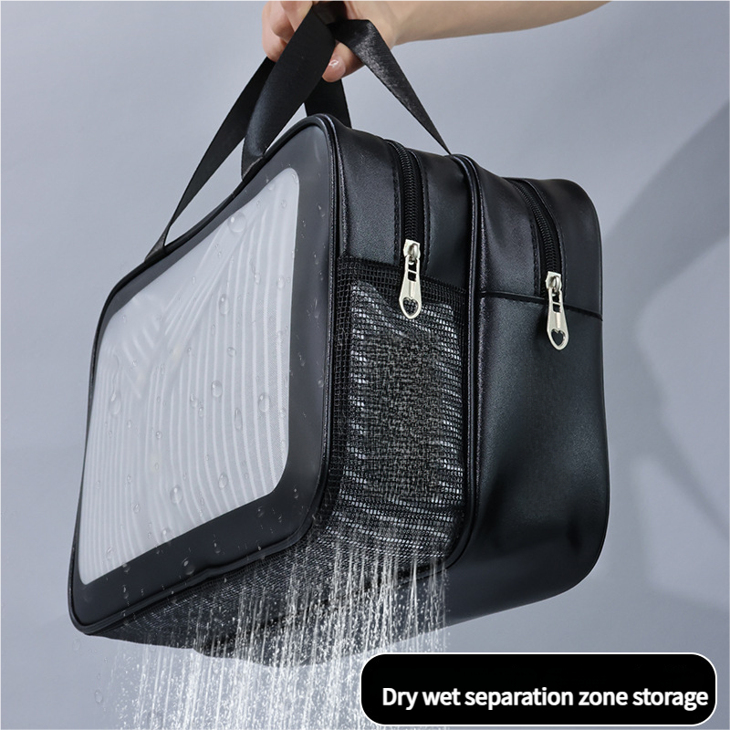 2PCS Dual-Layer Transparent PU Cosmetic Pouch - Wet and Dry Separation, Large size(31*15*20cm)- milk apricot white