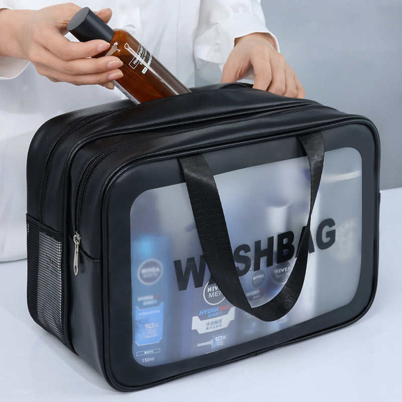 2PCS Dual-Layer Transparent PU Cosmetic Pouch - Wet and Dry Separation, Large size(31*15*20cm)- Black