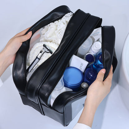 2PCS Dual-Layer Transparent PU Cosmetic Pouch - Wet and Dry Separation, Large size(31*15*20cm)- Black