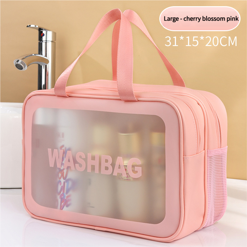 2PCS Dual-Layer Transparent PU Cosmetic Pouch - Wet and Dry Separation, Large size(31*15*20cm)- Pink