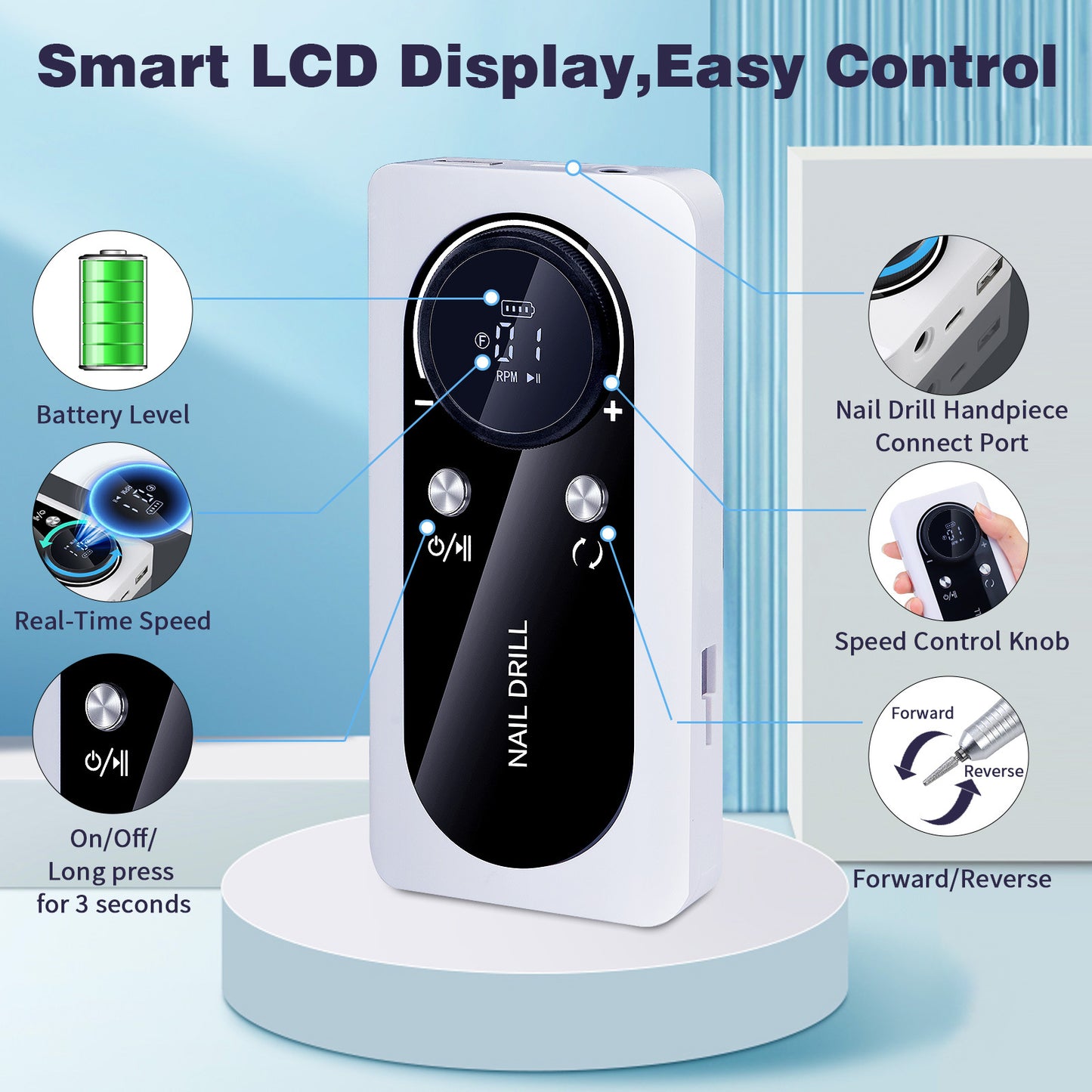 Pink+Blue Portable Electric Nail Drill - Rechargeable, Adjustable Speed, Low Vibration