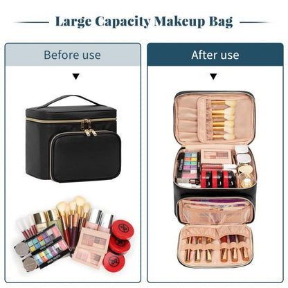 Black Portable Travel Makeup Bag with Brush Compartment - Stylish PU Leather Cosmetic Organizer for Skincare and Toiletry Storage