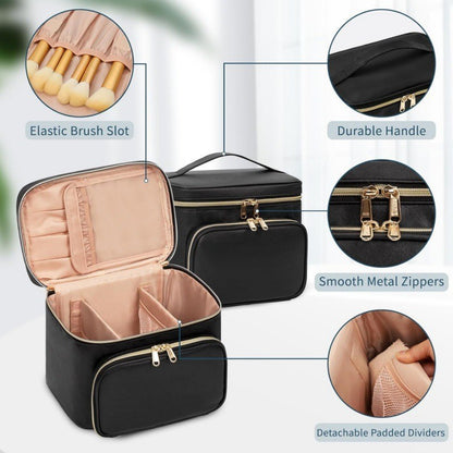 Black Portable Travel Makeup Bag with Brush Compartment - Stylish PU Leather Cosmetic Organizer for Skincare and Toiletry Storage