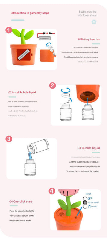 Electric Flower Bubble Machine with Music - Rechargeable, 10-Hole Output(yellow)