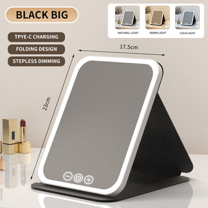 Black Large Foldable LED Makeup Mirror - Portable Desktop Vanity with 3 Color Lights, Stepless Dimming & Adjustable Stand