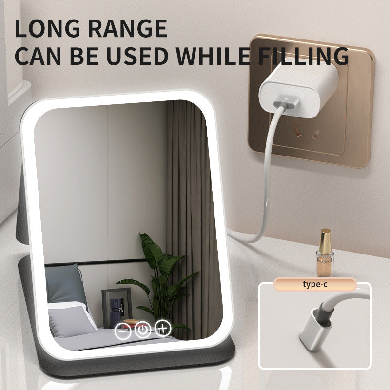 Black Large Foldable LED Makeup Mirror - Portable Desktop Vanity with 3 Color Lights, Stepless Dimming & Adjustable Stand