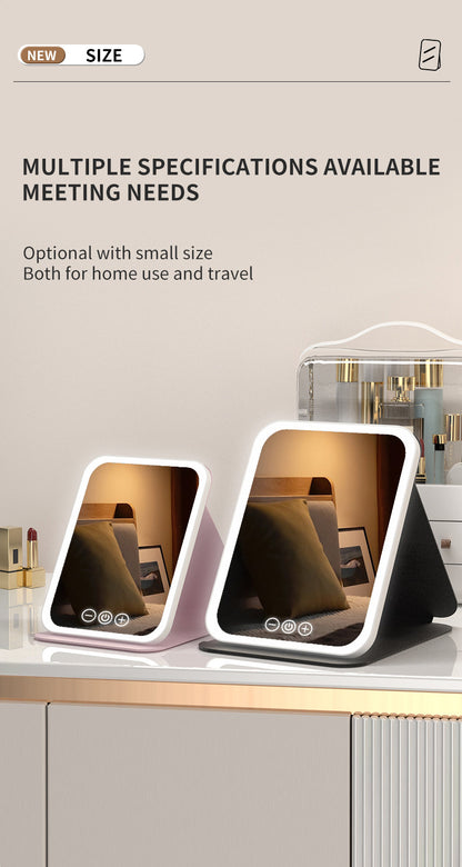 White Large Foldable LED Makeup Mirror - Portable Desktop Vanity with 3 Color Lights, Stepless Dimming & Adjustable Stand