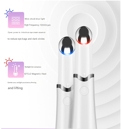White Sonic Eye & Lip Massager with Red & Blue Light Therapy - Heated Vibrating Wand for Puffiness and Wrinkles