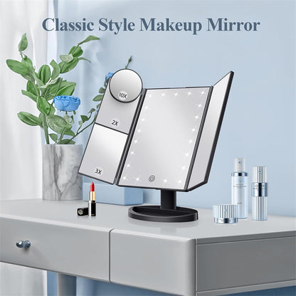 White LED Lighted Tri-Fold Vanity Mirror with 2X/3X/10X Magnification