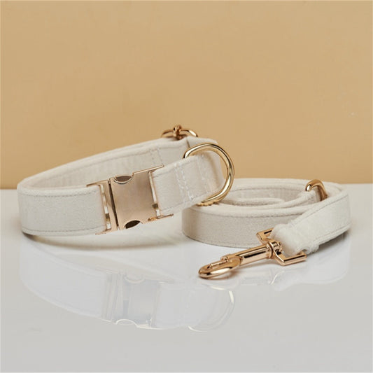 XS Beige Luxury Velvet Pet Collar & Leash Set - Engravable Dog Collar with Gold Hardware