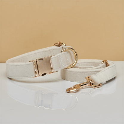 M Beige Luxury Velvet Pet Collar & Leash Set - Engravable Dog Collar with Gold Hardware