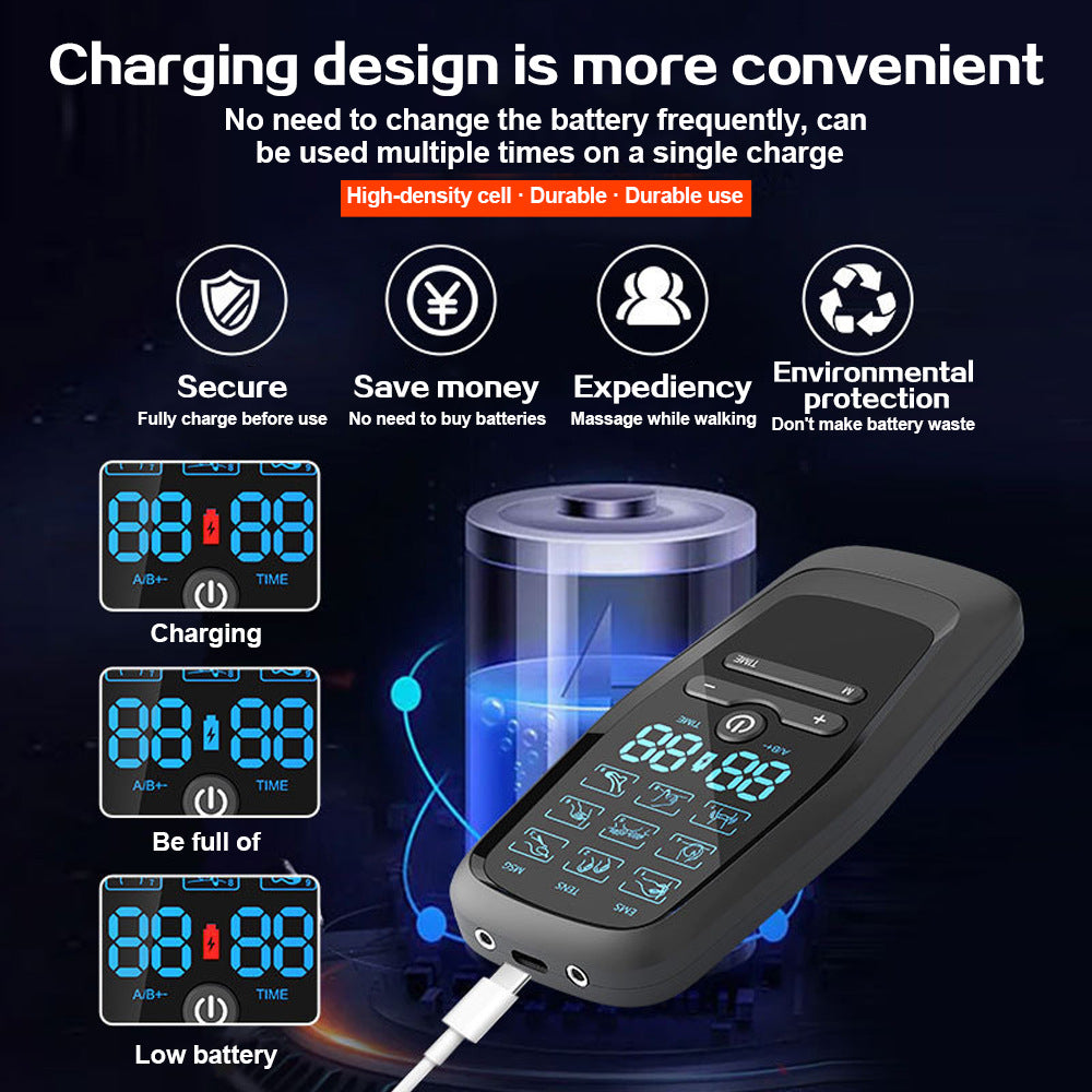 Dual Channel EMS TENS Microcurrent Massager Device with 9 Modes Pain Relief Stimulator & 4 Pairs of Patches