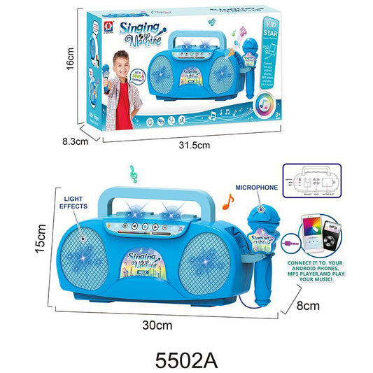 Blue Kids Portable Singing Machine Karaoke Boombox Toy with Microphone Flashing Lights and MP3 Music Player for Boys and Girls