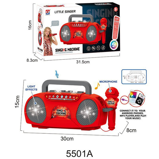 Red Kids Portable Singing Machine Karaoke Boombox Toy with Microphone Flashing Lights and MP3 Music Player for Boys and Girls
