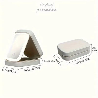 Pink Portable LED Makeup Mirror with Jewellery Storage Box Touch Screen Adjustable Light Travel Cosmetic Organizer Case